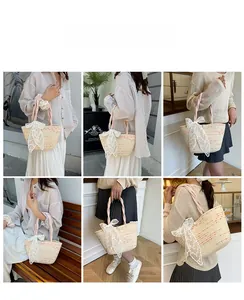 City street scene showing a straw bucket bag with red accents and large lace bow detail