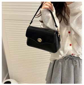 Detail of black patent leather handbag with gold metallic twist lock and smooth glossy finish
