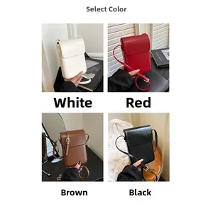 Compact crossbody phone bags for women available in white, red, brown, and black colors