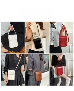 Múltiples vistas de bolsos bandolera verticales compactos en cuatro colores clásicos