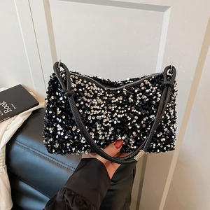 Women Shiny Sequin Baguette Bag Underarm Shoulder Purse With PU Leather Knotted Strap Zipper Closure Fashion Handbag