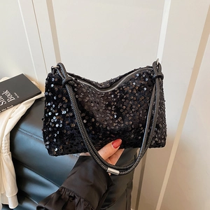 Fashionable black sequin shoulder bag with leather handle and knot detail for women