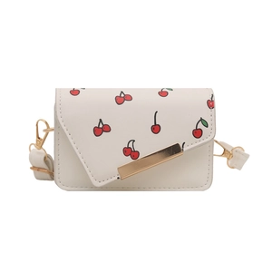 Mini white crossbody square bag with cherry print and gold asymmetric metal buckle