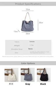 Detailed dimension guide and color options for this large capacity canvas tote bag