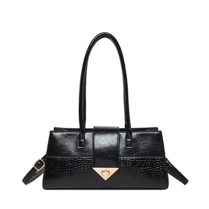 Sac fourre-tout noir chic avec motif crocodile, fermoir doré et doubles bandoulières