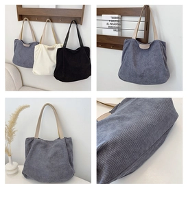 Detail showing corduroy texture and embossed leather fashion label on canvas tote bags