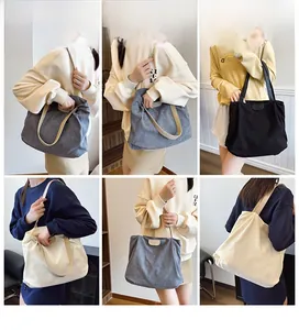 Collage showing versatile corduroy tote bags in gray, black and beige on shoulder