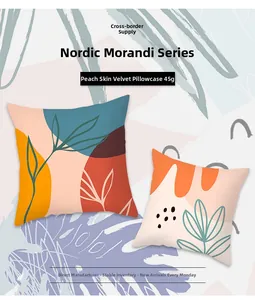 Detail of Nordic Morandi cushion covers in peach skin fabric with abstract geometric leaves