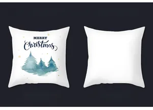 Detail of Christmas pillow cover with watercolor forest print and Merry Christmas text