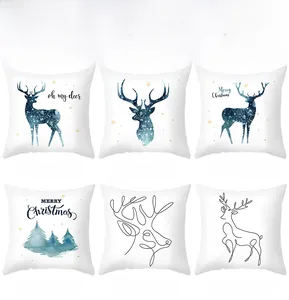 Six Nordic style Christmas pillow covers featuring navy deer and gold tree patterns