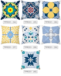 Detailansicht der geometrischen und floralen Kissenbezüge aus Pfirsichhaut in bunten Mustern
