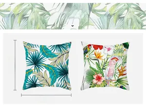 Close-up of 45x45cm peach skin throw pillow covers with tropical leaves and parrot prints