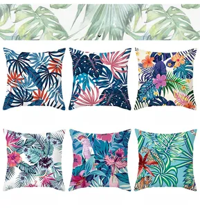 Set of 6 peach skin pillow covers featuring tropical rainforest leaf and animal prints