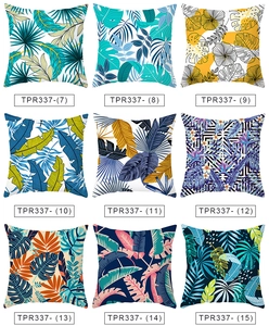 Detailed grid of nine peach skin pillow covers featuring tropical leaf and palm prints