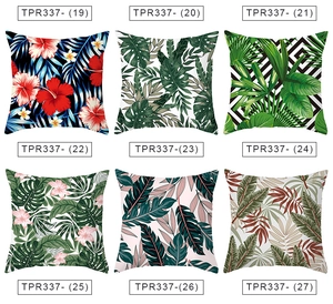 Detailed grid of nine tropical peach skin pillow covers featuring monstera and palm patterns