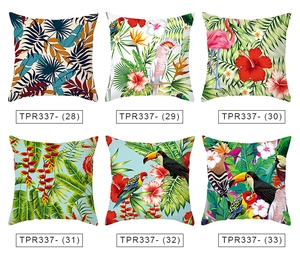 Detailed grid of six tropical bird and leaf prints on peach skin pillow covers