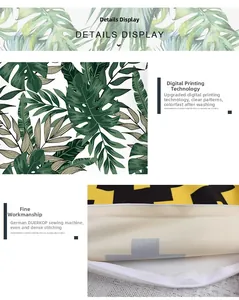 Detail of digital tropical leaf print and fine stitching on peach skin pillowcase