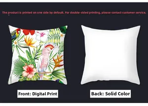 Detail showing tropical parrot print on front and plain white back of peach skin pillowcase