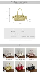 Size guide for PU bow handbag showing dimensions and six available color variants