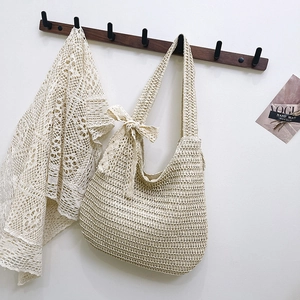 Chic beige hand-woven straw tote bag with a matching bow and crochet shawl set