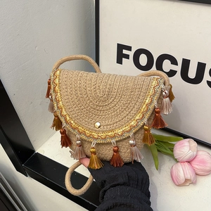 Bohemian Woven Straw Shoulder Bag With Colorful Tassels And Embroidery Half Moon Crossbody Summer Vacation For Women