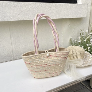 Summer Straw Woven Tote Bag Women Colorful Polka Dot Handbag With Lace Bow Artificial Pearl Button Decor Ladies Beach Shoulder Bag