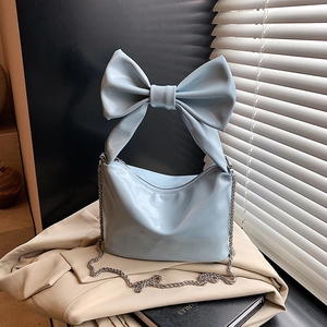 Women Crossbody Bag Glossy PU Leather Large Bow Design Handheld Shoulder Bag Sweet Cool Style Metal Chain Strap