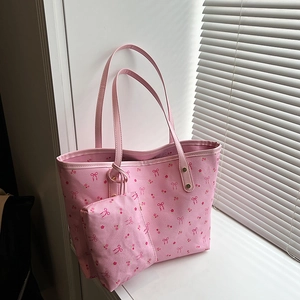 Women Large Capacity PU Leather Tote Bag With Cherry Bow Print Fresh Sweet Style Shopping School Bag With Matching Pouch