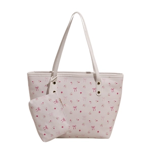Set borsa tote floreale con motivi di fiocchi rosa e rose su ecopelle bianca