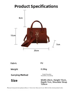 Detailed size chart for brown crocodile pattern crossbody bag with metal SS pendant