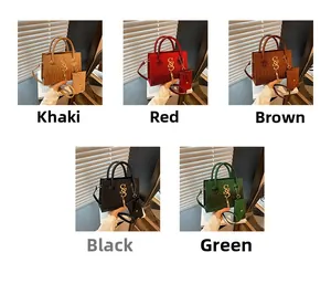 Detailed view of crocodile pattern crossbody bags in five colors with SSS gold hardware