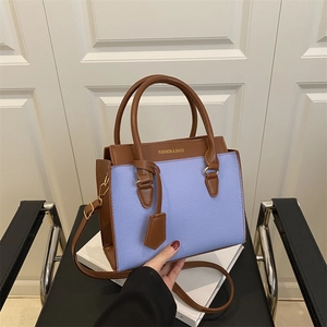Women Color Block PU Leather Handbag Litchi Texture Satchel Crossbody Bag Top Handle Adjustable Strap Daily Fashion Bag