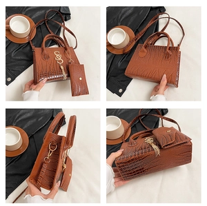 Four-way view of brown crocodile-patterned tote bag with golden hardware and tassel