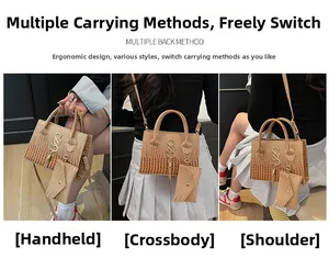 Brown crocodile pattern tote bag with metal logo detail shown in three carrying styles