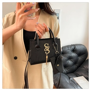 Detail of black crocodile texture handbag with gold SS clasp and mini coin purse