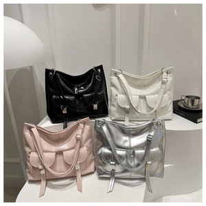 Minimalist glossy tote bags with front pockets in black, white, pink, and silver