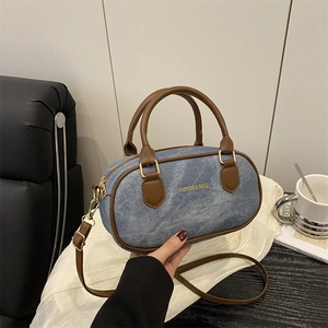 Vintage Denim Stitching Bowling Bag For Women Fashion Handle Handbag With Adjustable Strap Retro Casual Crossbody Bag