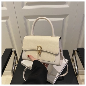 Detail of off-white crossbody bag featuring lychee texture leather and gold U-shaped buckle
