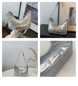 Detailed views of a silver crescent bag with metal chain and fashion lettering print