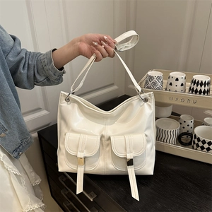 Large Capacity Glossy PU Leather Tote Bag Women Korean Style Motorcycle Hobo Shoulder Bag With Front Buckle Pockets
