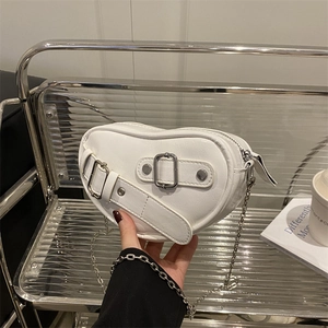 Women's Heart Shaped PU Leather Underarm Bag With Silver Metal Chain Strap Belt Buckles Y2K Punk Style Crossbody Handbag