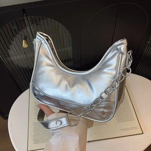 Women Hobo Bag PU Leather Crescent Shape Metal Chain Underarm Shoulder Bag Fashion Lettering Print Minimalist
