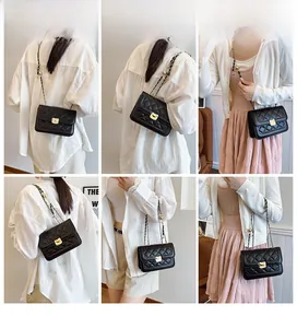 Detailed views of women wearing a quilted black crossbody bag with gold chain and ball detail