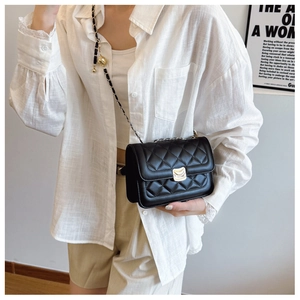 Classic black quilted crossbody bag with gold chain strap and elegant metallic buckle