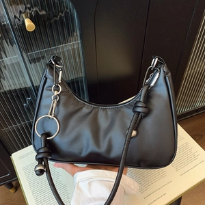 Minimalist PU Leather Underarm Bag For Women Knotted Strap Silver Metal Ring Crescent Hobo Shoulder Bag Street Fashion