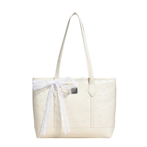 Sac fourre-tout crème à motif embossé avec nœud en dentelle et grande capacité