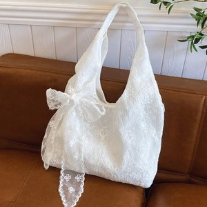 Lace Tote Bag Floral Embroidery Large Capacity Shoulder Bag With Bowknot French Romantic Style For Women