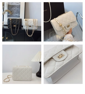 Close-up of quilted PU leather mini bag with gold chain strap and turn-lock closure