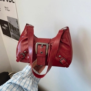 Women Retro PU Leather Underarm Bag Large Silver Metal Buckle Y2K Fashion Hobo Shoulder Bag Wasteland Style Handbag