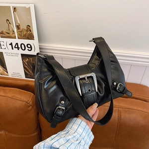 Retro black semi-circle shoulder bag with silver buckles and wide strap design